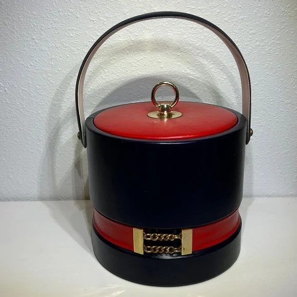 Vintage 70’s Georges Briard USA Navy / Red Leather Insulated Lidded Ice Bucket - Picture 14 of 14